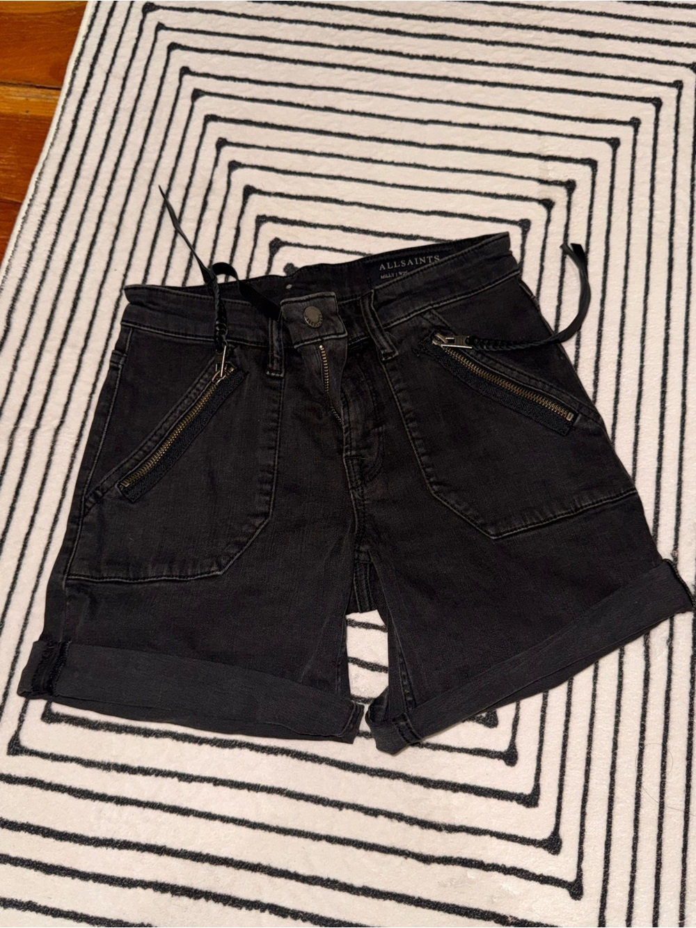All Saints Black Denim High-Rise Roll Cuff Shorts
